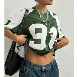 Women's Oversized Football Jersey Mesh Short Sleeve Tee Top Green